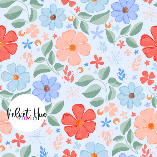 Christmas In July Floral on Blue & Stripe